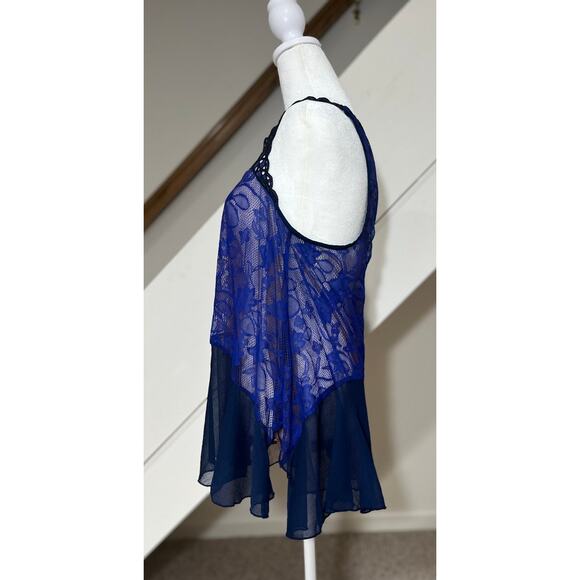 Free People Indigo Blue Chiffon Ruffle Hem Lace Sheer Swing Tank Top Small S - Picture 4 of 9